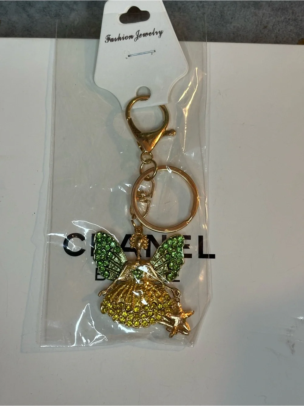 Fashion Jewelry Gold-Tone Fairy 🧚 Bag Charm-keychain with Green and Yellow